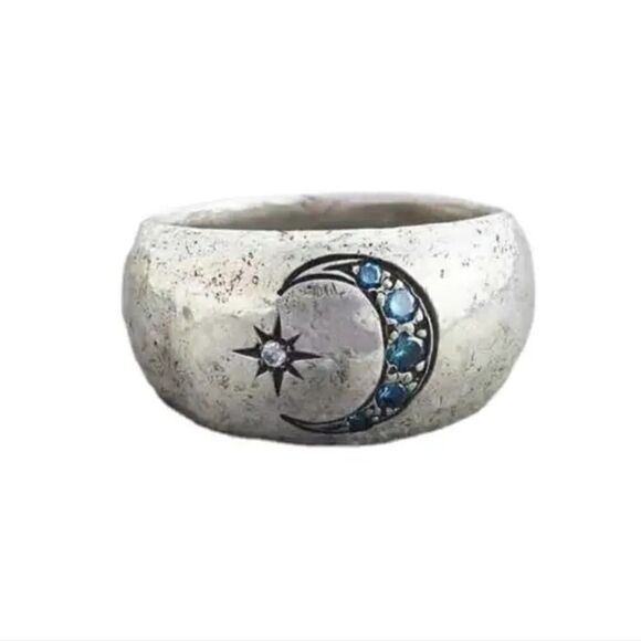 Vintage Style Blue Zircon Ring Carved with Sun and Moon for Silver Plated - Picture 6 of 8